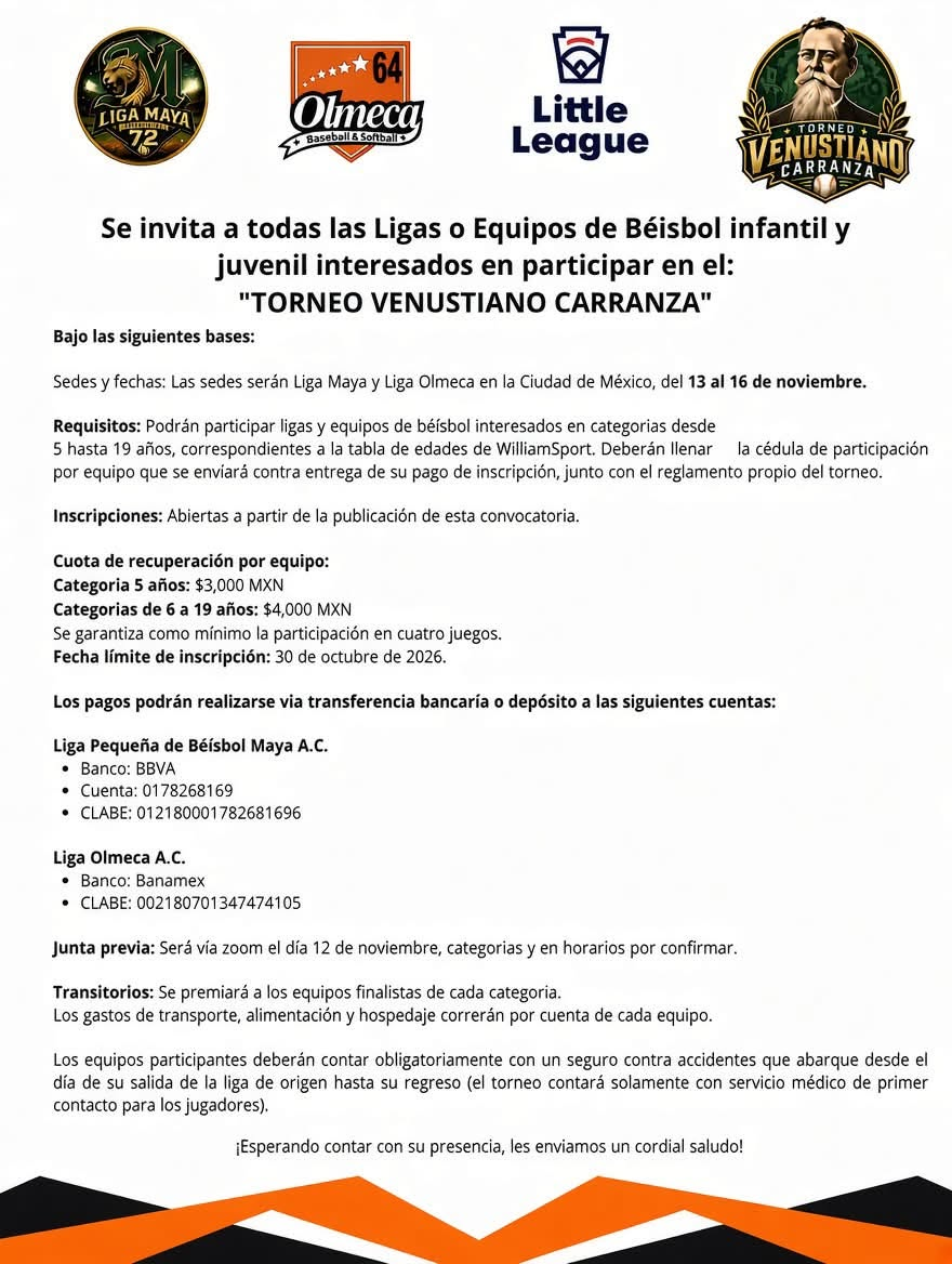 Convocatoria original del Torneo Venustiano Carranza con sus bases, requisitos y datos de pago.